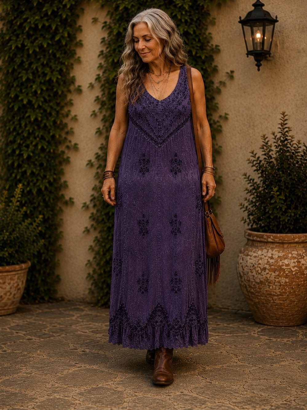 HOLY CLOTHING Purple Embroidered Boho Maxi Dress XL Cottagecore Lagenlook
